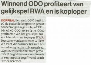 Winnend ODO profiteert van gelijkspel RWA en is koploper